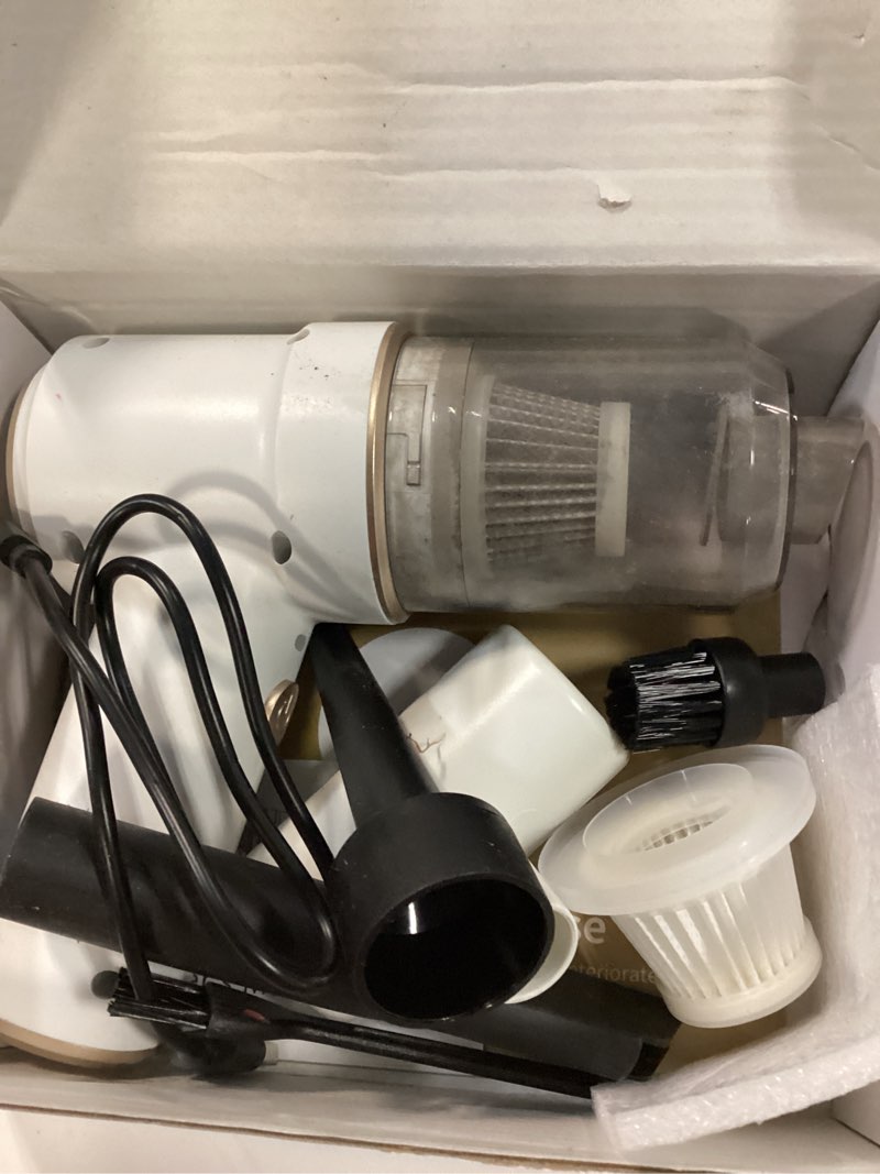 Condition photo showing As Is for kmm handheld car vacuum cleaner, 9000pa vacuum cleaner & air duster, 120w high power vacuum portable cordless, hand held vacuum rechargeable with multi-nozzles & led light for home, car, office white & gold