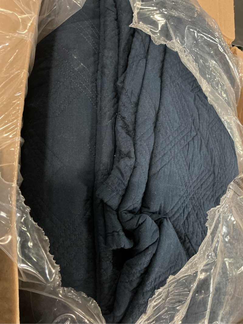 Condition photo showing As Is for wdcozy 100% cotton oversized king quilt set - navy blue california cal king size soft lightweight modern bedspread, farmhouse country rustic coverlet, textured like linen, shabby chic bedding navy california king (118"x106")