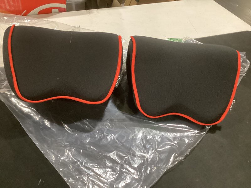 Condition photo showing Good Condition for crofy 2 pack car neck pillow, softness car headrest pillow for driving with adjustable strap, 100% memory foam and breathable removable cover, comfortable ergonomic design, black & red