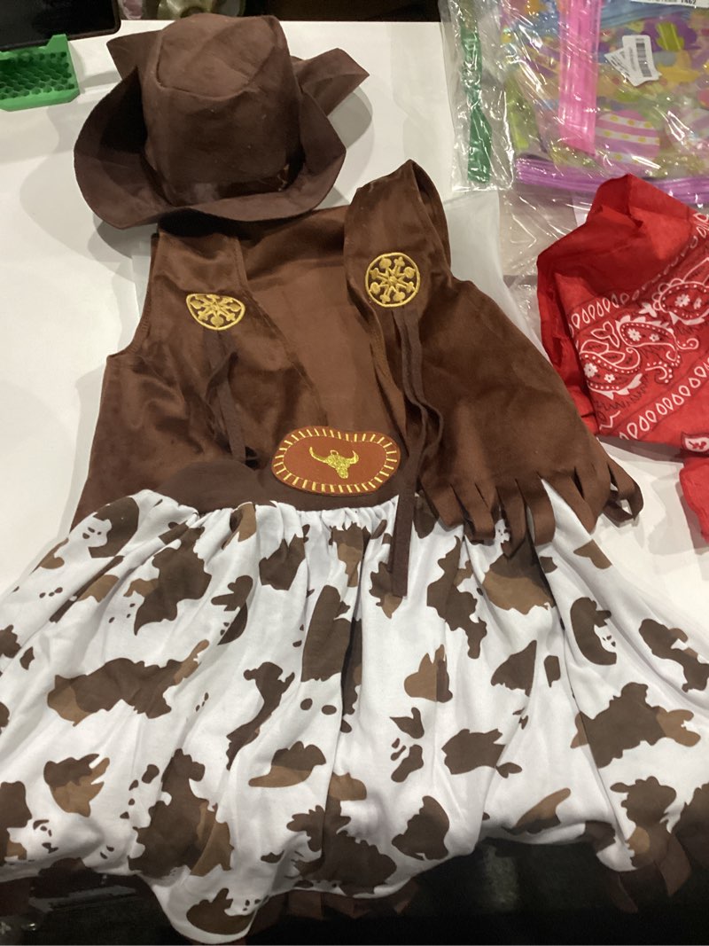 Condition photo showing Good Condition for dressy daisy baby toddler little kids girls western style cowgirl halloween costume dress up party outfit with hat & bandana