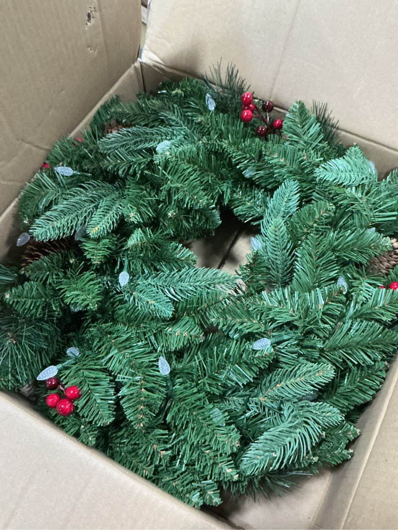Condition photo showing New/Like New for 26 inches Pre-lit Artificial Christmas Wreath with Red Berries, Pine Cones, 40 C3 Dual-Color Multi-Functional Battery Operated LED Lights with Timer