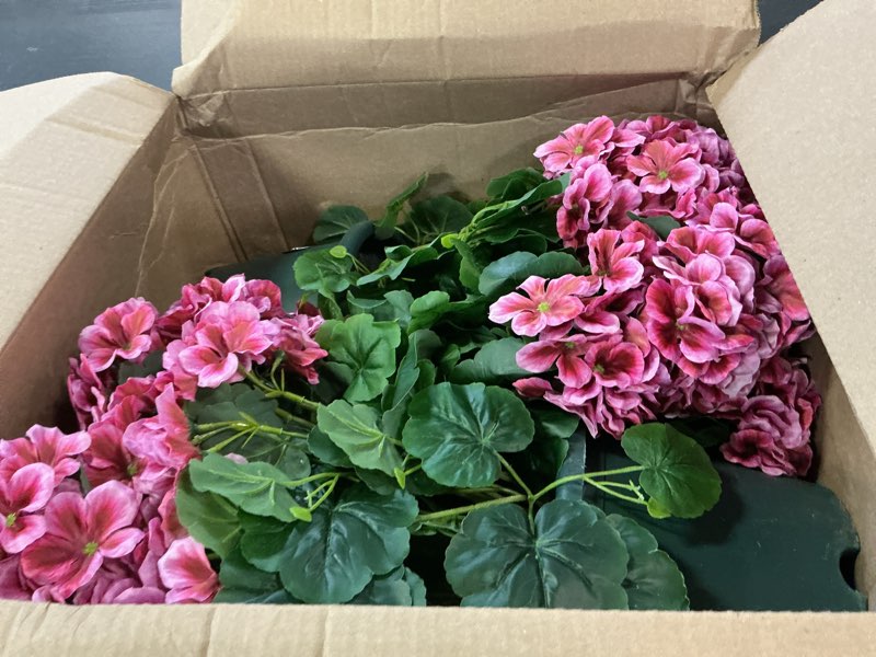 Condition photo showing Good Condition for qianyun artificial geranium bush – 20 inch outdoor potted artificial plant for front porch, uv resistant faux flower bush for garden, yard & patio decor (2 pack) dark pink