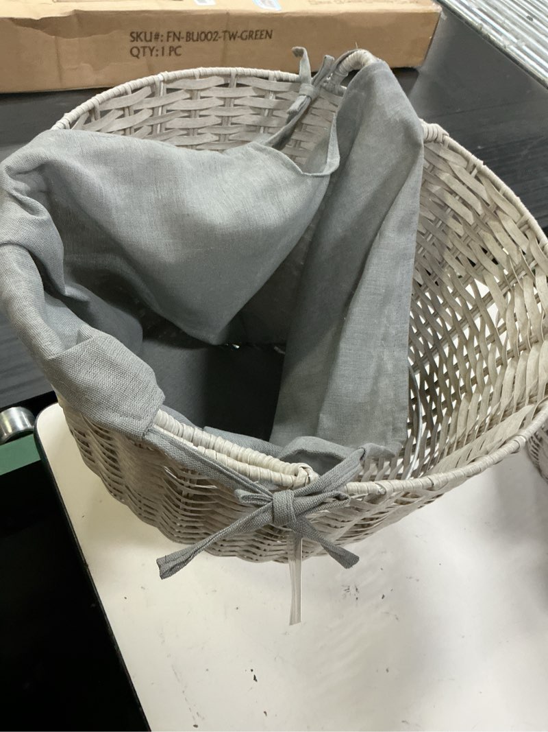large round tonal faux wicker storage bin with fabric liner and rattan handles – decorative woven ba