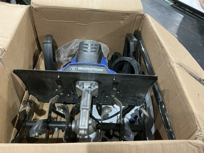 Condition photo showing As Is for westinghouse 18-inch, 15 amp corded electric tiller cultivator for gardening with 6 steel blades 18 in. tiller