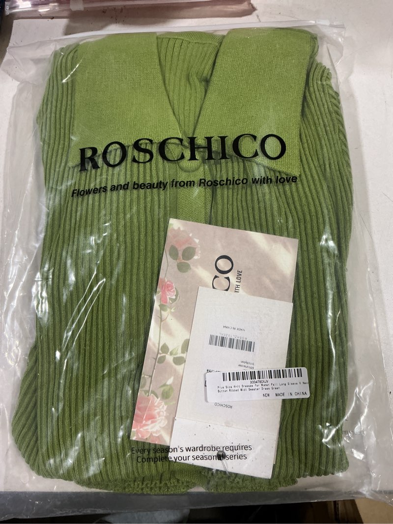 Condition photo showing New/Like New for Plus Size Knit Dresses for Women Fall Long Sleeve V Neck Button Ribbed Midi Sweater Dress Green 1X