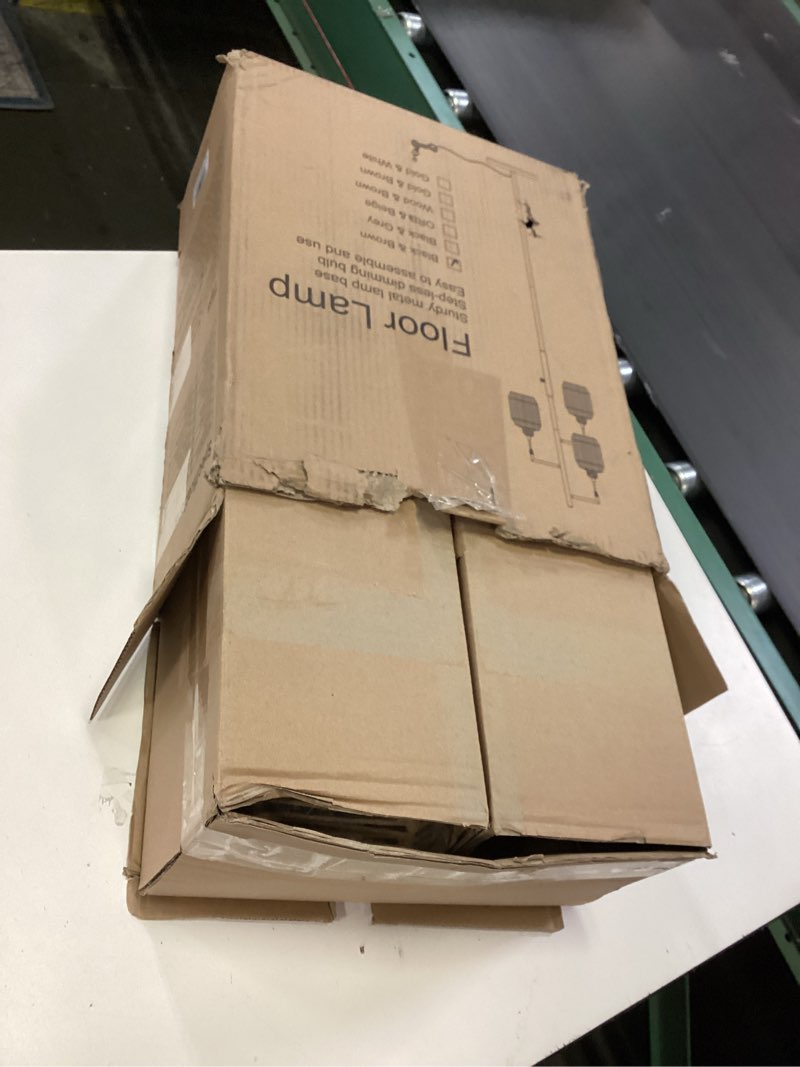 Condition photo showing As Is for ROTTOGOON Dimmable Boho Floor Lamp - 3 Light Farmhouse Rattan Floor Lamp for Living Room, Industrial Tree Floor Lamps with 3 X 6W LED Bulbs, Rustic Standing Tall Lamp for Bedroom, Office, 68", Black Black+Brown Lampshades