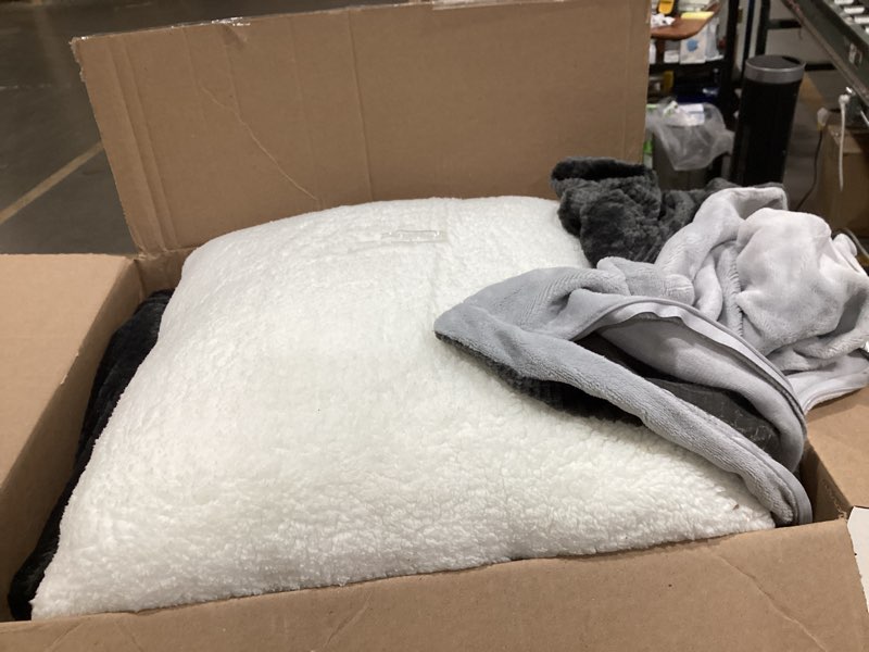 Condition photo showing As Is for UGG Full/Queen Comforter Set with 2 Pillow Shams Plush Faux Fur Bedding Soft Warm Down Alternative Comforter Washable Hypoallergenic Fluffy Blanket Set for Bedroom, Full/Queen, Seal Grey (Kenzie) Grey Full/Queen