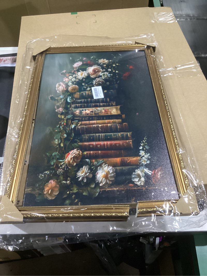 Condition photo showing As Is for Framed Vintage Floral Wall Art - Moody Flowers Books Art Oil Painting, Vintage Wildflowers Dark Academia Floral Gallery Wall Decor Picture, Rustic Country Canvas Decor for Living Room Office 16''x24'' 24"L x 16"W Flower Book
