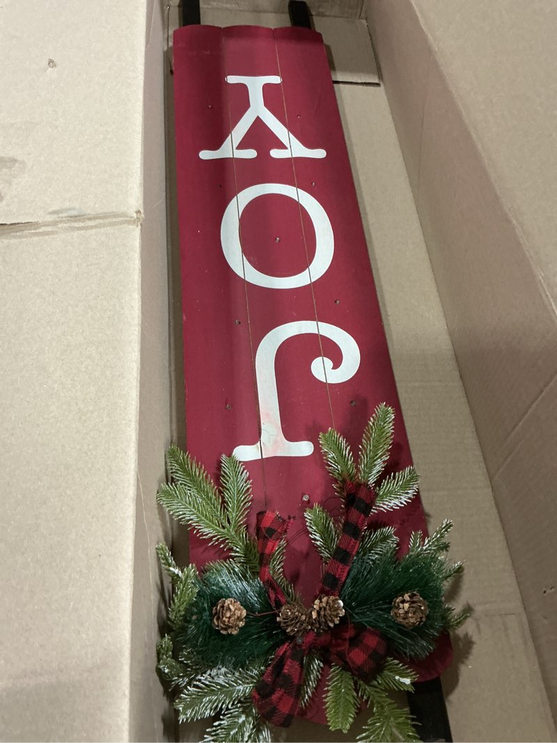 Condition photo showing Good Condition for Glitzhome 40" H Lighted Wooden Sleigh Sign, Joy Porch Sign Decorative Plaque for Xmas Home Porch, Farmhouse Joy Wall Hanging Decor for Christmas Festivals