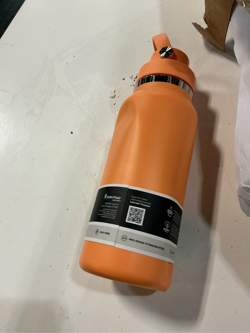 Condition photo showing As Is for hydro flask water bottle - insulated stainless steel - wide mouth flex chug lid, non spill, leakproof in 32 oz nectar orange nectar 32 oz