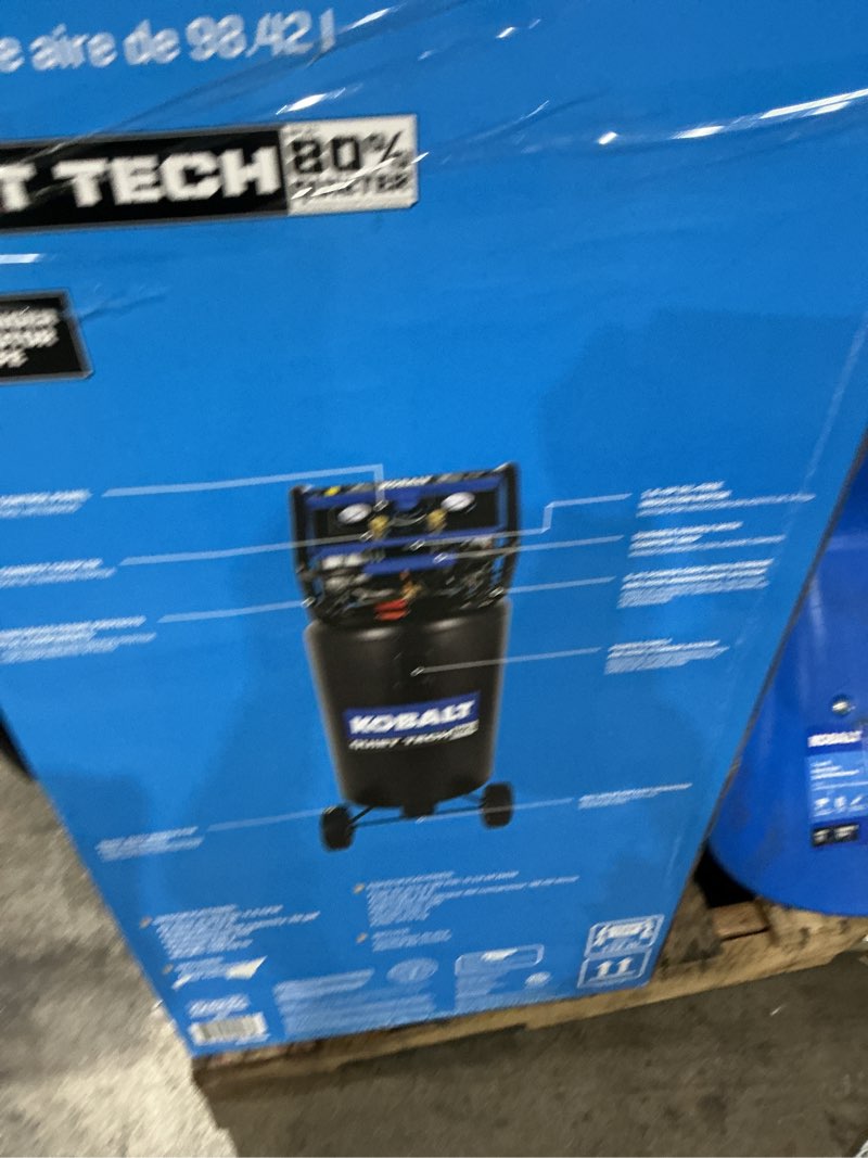 Condition photo showing As Is for kobalt quiet tech 26-gallon portable electric 150 psi vertical air compressor