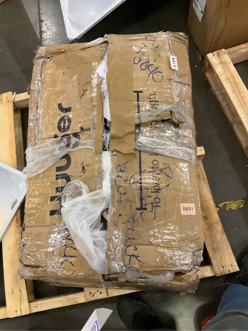 Condition photo showing As Is for Huuger L Shaped Standing Desk with Power Outlets, 63 x 55 Inch Height Adjustable Computer Desk for Bedroom, Corner Stand up Desk for Home and Office, Work and Study, Black