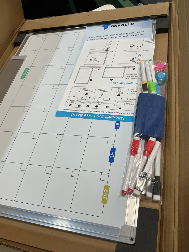 Condition photo showing Good Condition for dry erase calendar whiteboard for wall, 24" x 18" magnetic monthly white board calendar dry erase, wall hanging aluminum frame with tray for home, school, office 24" x 18" silver frame style a