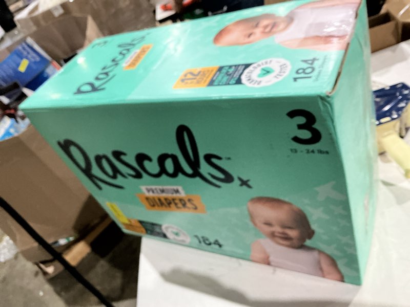 Condition photo showing New/Like New for rascals premium absorbent baby diapers size 3, 184 count, with 5 sensitive infant wipes