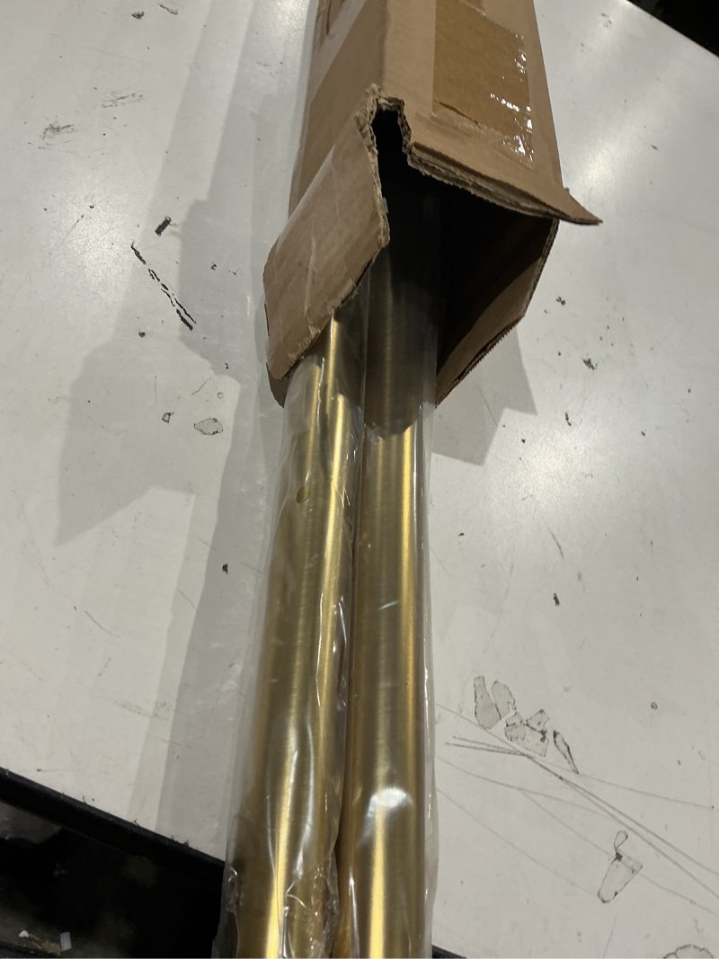 Condition photo showing As Is for warm gold corner window curtain rods with aluminum end cap finials and brackets,1 inch diameter bay window curtain rods,2 sided 36-72 inch adjustable drapery rod 36-72"&36-72"(2 sided) warm gold