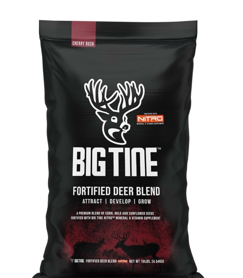 big tine fortified deer blend, 10 lbs, cherry rush flavor, whole grain feed, nitro mineral formula, nutritious, packed with vitamins and minerals, supports antler growth, gravity or ground feeding