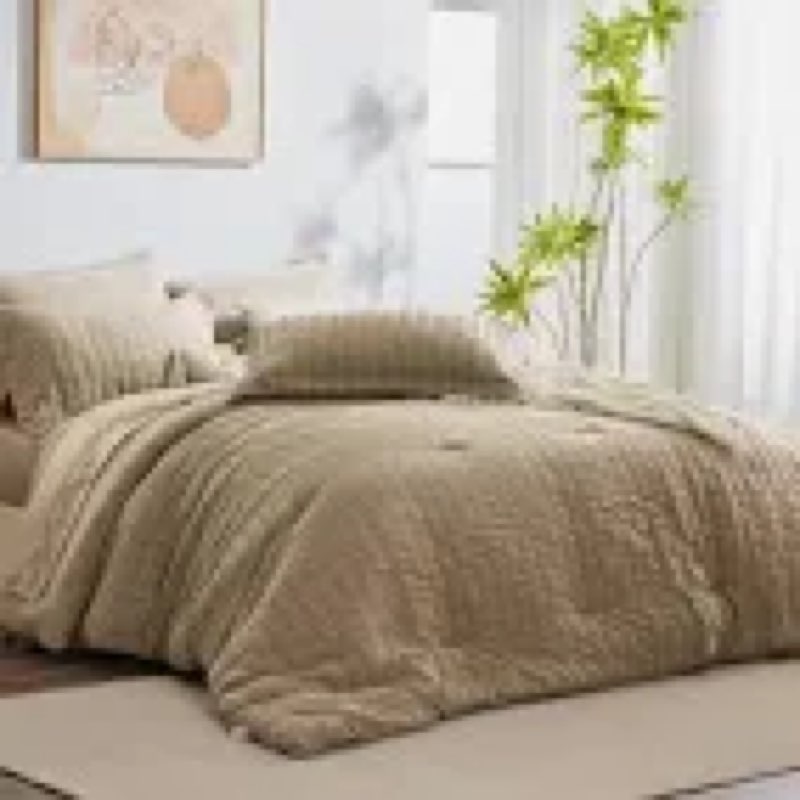CozyLux Full Size Comforter Sets with Sheets Seersucker 7 Pieces Taupe Bed in a Bag Textured Luxury 