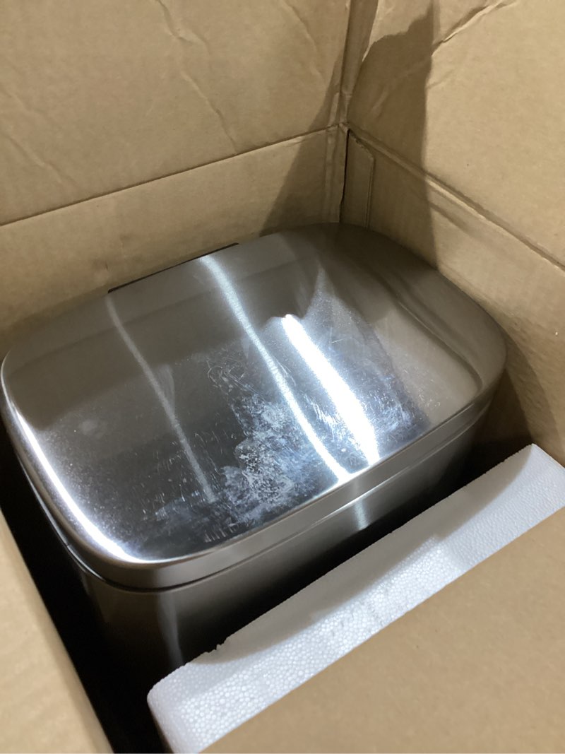 Condition photo showing Good Condition for amazon basics smudge resistant small rectangular step pedal trash can with soft-close lid, removable inner bucket, brushed stainless steel, 12 liter/3.1 gallon, satin nickel finish satin nickel small, 12l/3.2 gal