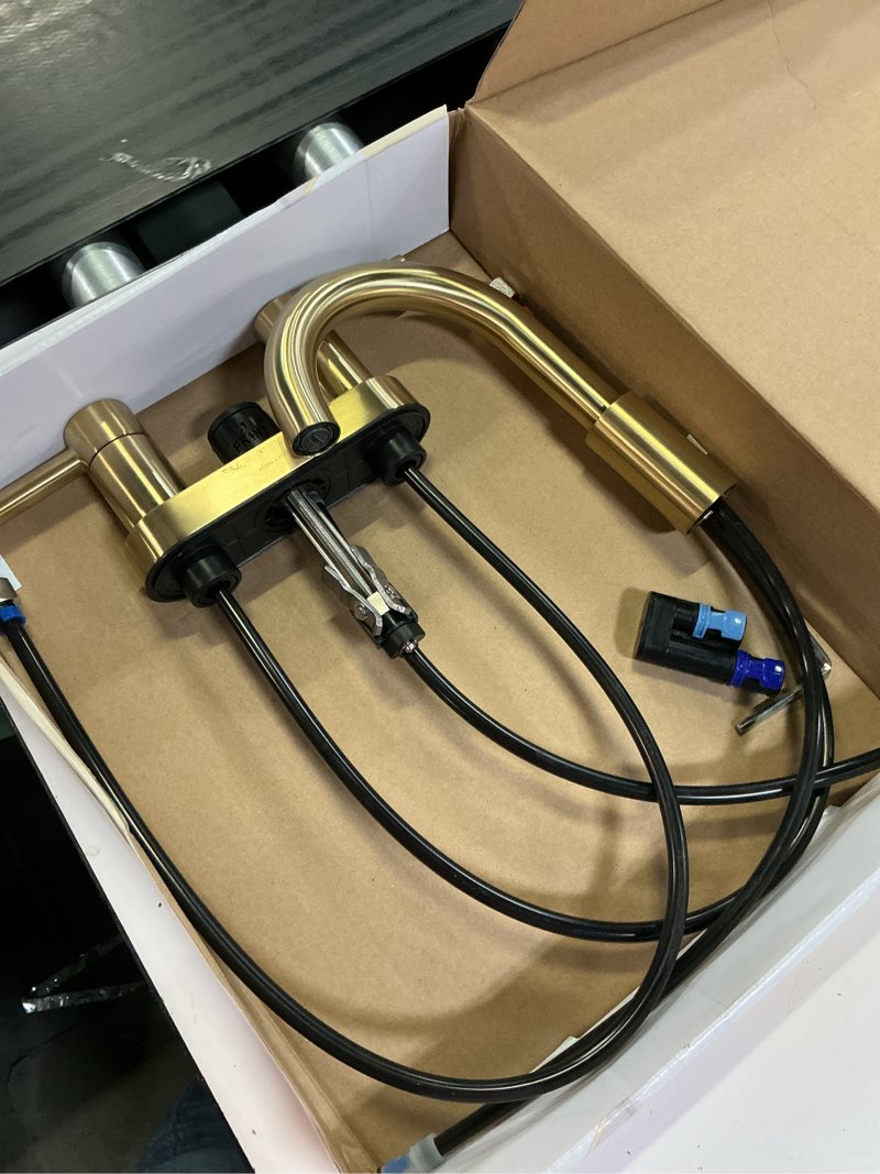Condition photo showing As Is for  allen + roth harlow simplefit brushed gold 4-in centerset 2-handle watersense mid-arc
