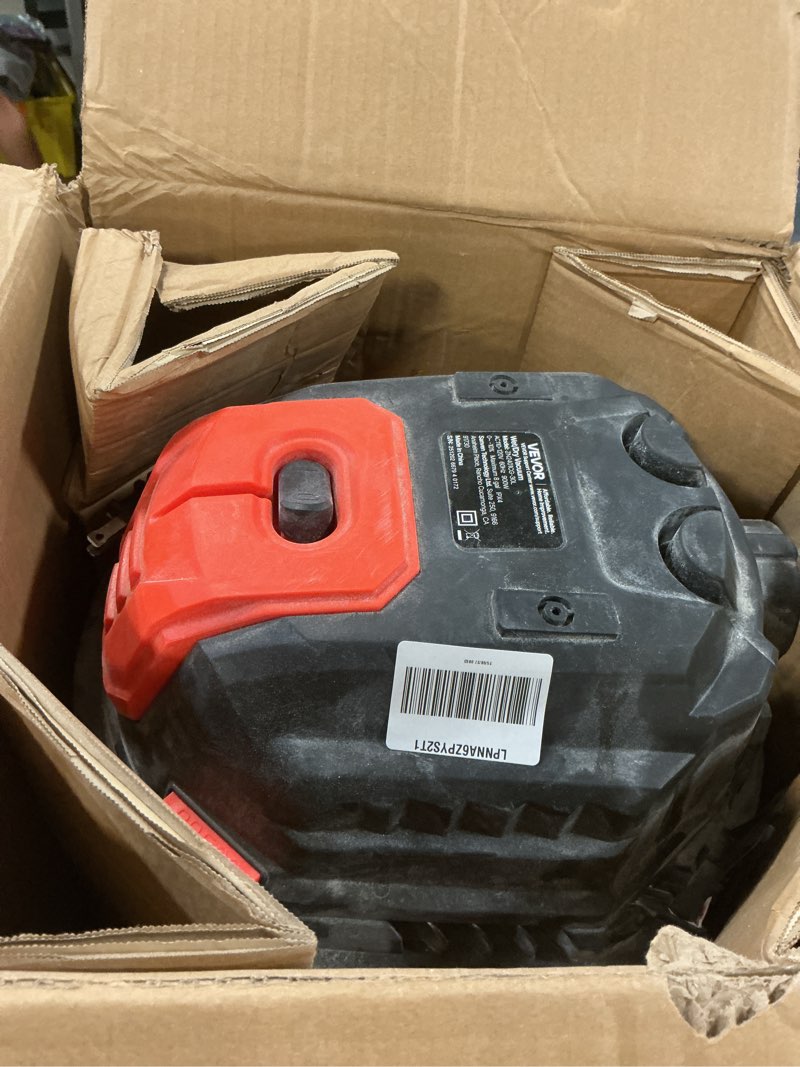 Condition photo showing As Is for vevor shop vac, 8 gallon wet dry shop vacuum, 6 peak hp with one-button self-cleaning, dual-filter, 900w input power, 1.25in x 7ft hose, 9.8ft cord, metal tank for jobsite, workshop, garage, home 8 gal+6 peak hp+wet/dry