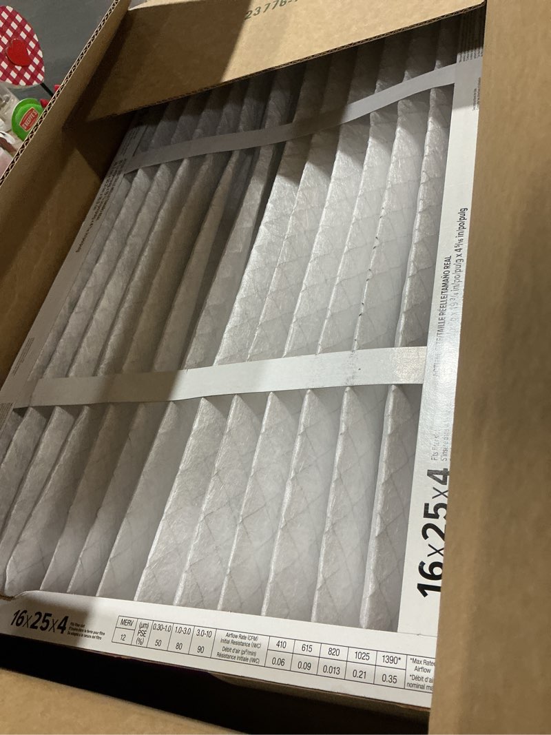 Condition photo showing As Is for filtrete 16x25x4 air filter merv 12, mpr 1550 certified asthma & allergy friendly 2-pack, fits lennox & honeywell, ac furnace hvac filters, pleated electrostatic (actual size 15.88x24.56x4.31 in)