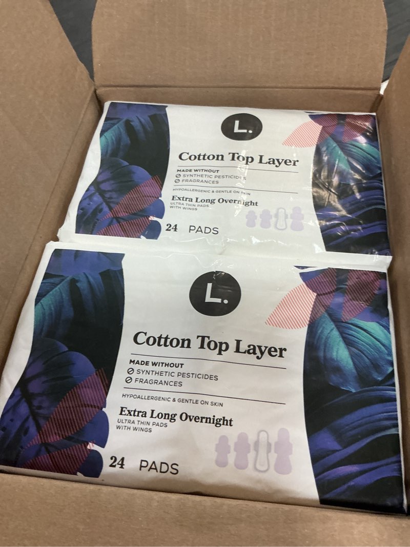 Condition photo showing New/Like New for l. ultra thin pads for women, overnight absorbency, organic cotton top layer, unscented pads with wings, 96 count (4 packs of 24) overnight 96