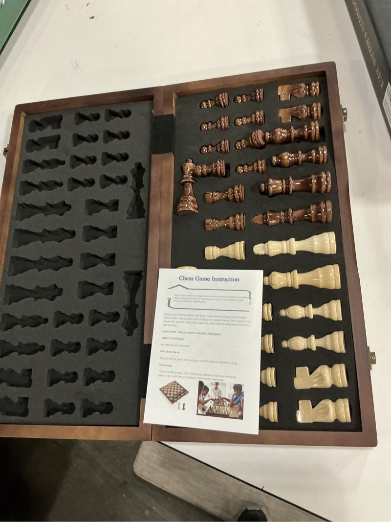 Condition photo showing New/Like New for Magnetic Wooden Chess Set for Adults Kids 15'' Chess Board with Handmade Pieces, Folding Portable Travel Unique Chess Sets Game for Tournament Professional Beginner 15 INCHES