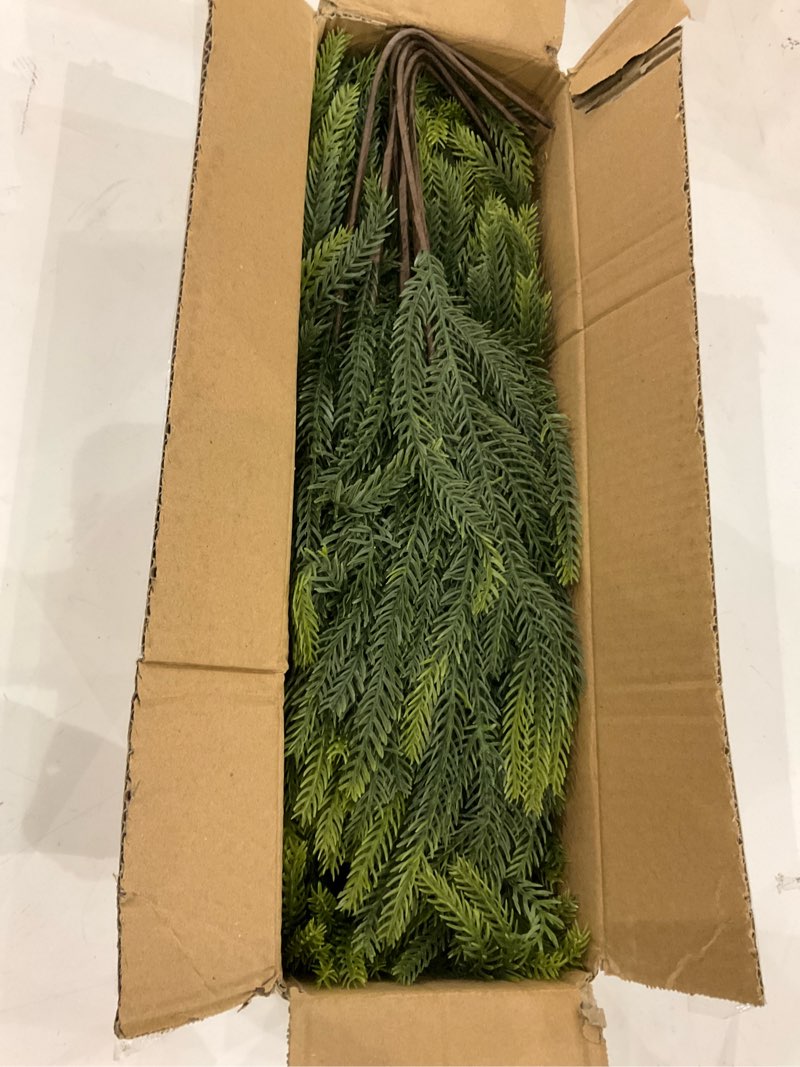 Condition photo showing New/Like New for 12Pcs Christmas Norfolk Pine Stems, 24'' Long Artificial Evergreen Norfolk Pine Branches, Real Touch Greenery Picks, Faux Floral Branch for Mantel DIY Xmas Home Decoration Indoor Christmas Decor Green Norfolk Pine Stems 12