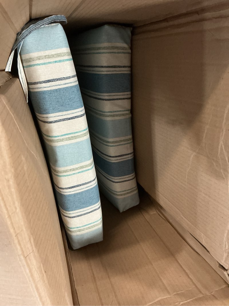 Condition photo showing As Is for arden outdoor patio dining chair cushion, 20x44, rain-proof seat pad, fade-resistant outdoor cushion french blue linen stripe polyfill 1 pack french blue linen stripe