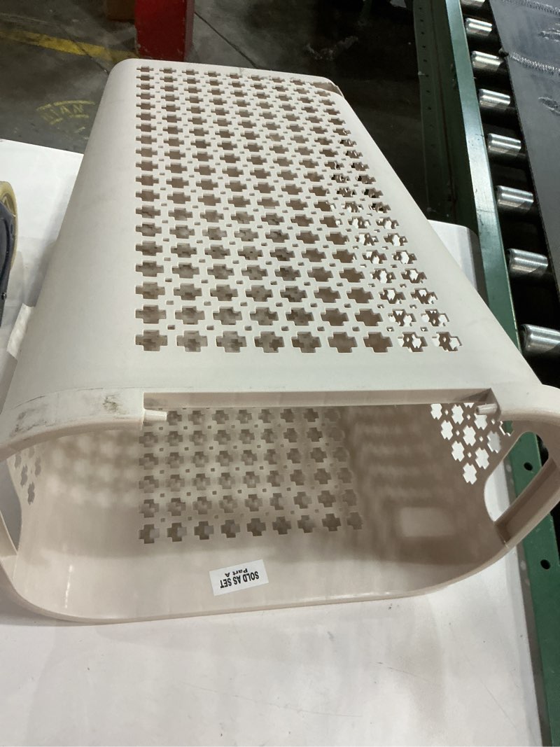 Condition photo showing As Is for Mind Reader Slim Tapered Laundry Hamper with Lid, Clothes Basket with Swiss Cross Cut-Outs, Lightweight & Ventilated, Plastic, 16.75"L x 12.75"W x 23"H, Ivory