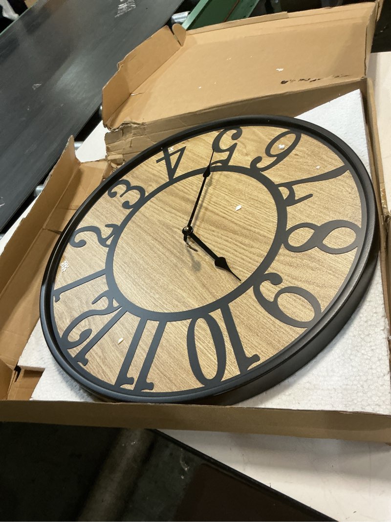 Condition photo showing Good Condition for mee 2ou large wall clock for living room decor, non ticking silent, battery operated modern vintage wood wall clock oversized decorative wall clock for bedroom kitchen farmhouse office decor 20inch black metal - arabic numerals