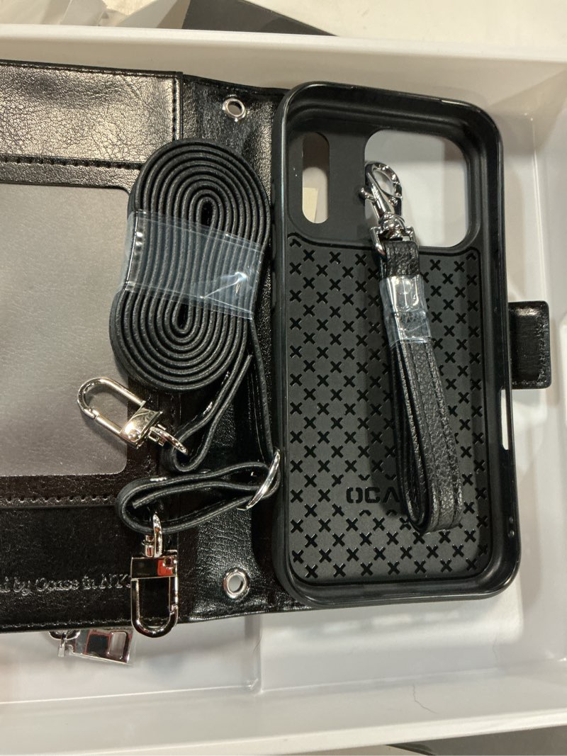 Condition photo showing New/Like New for ocase for iphone 17 pro crossbody wallet case - stylish pu leather handbag phone purse with zipper closure, card slots & rfid blocking - wrist strap, lanyard, kickstand - black black iphone 17 pro
