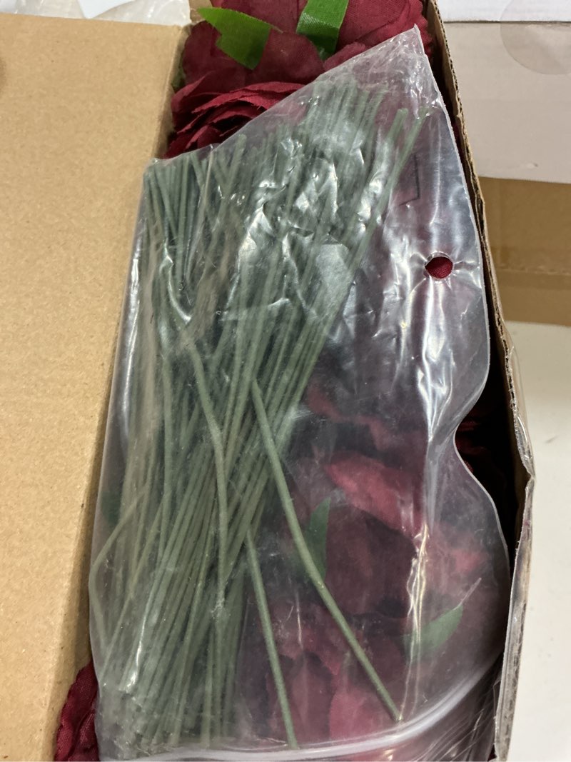 Condition photo showing Good Condition for thiccywoov 100 pcs flowers long stem artificial rose, 3.2 inches silk rose head flowers fake for wedding bridal bouquet independence day home floral diy centerpieces party decoration (burgundy)