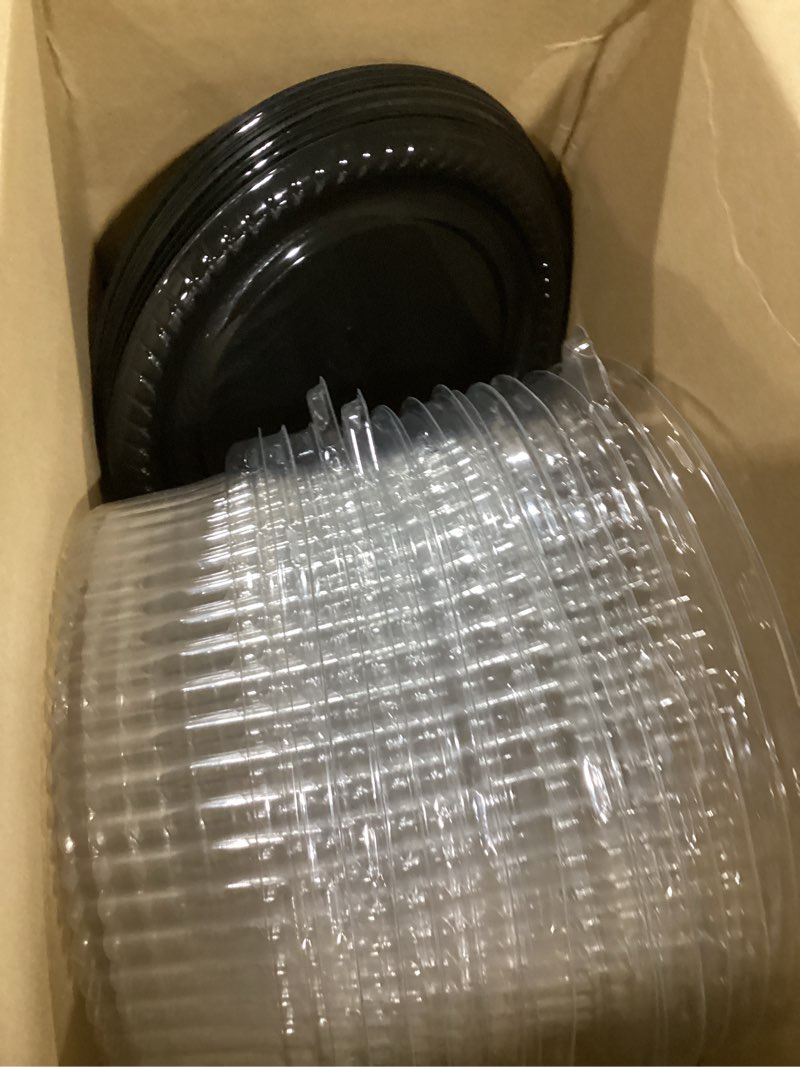 Condition photo showing Good Condition for Tessco 17 Pcs 12 Inch Catering Trays with Clear Lid. Serving Trays Disposable Black Plastic Round Platters for Party Food Sandwich Veggie Cookie Dishes, Heavy Duty