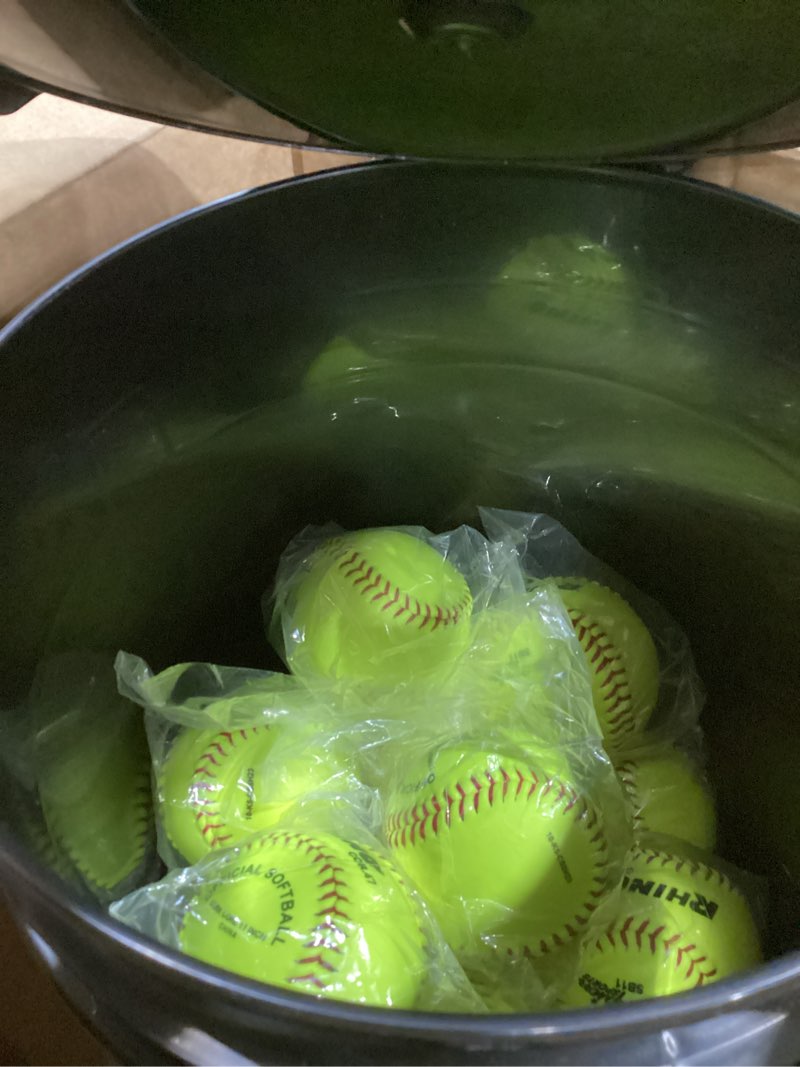 Condition photo showing Good Condition for champion sports storage bucket with 18 softballs black bucket 12 inch diameter