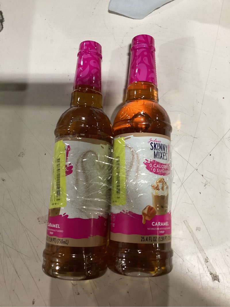 Condition photo showing New/Like New for jordan’s skinny mixes sugar free coffee syrup, caramel coffee flavoring syrup, zero calorie drink mix, lattes, baking, protein shake or cocktail, dairy & gluten free, kosher, 25.4 fl oz, 2 pack caramel 25.4 fl oz (pack of 2)
