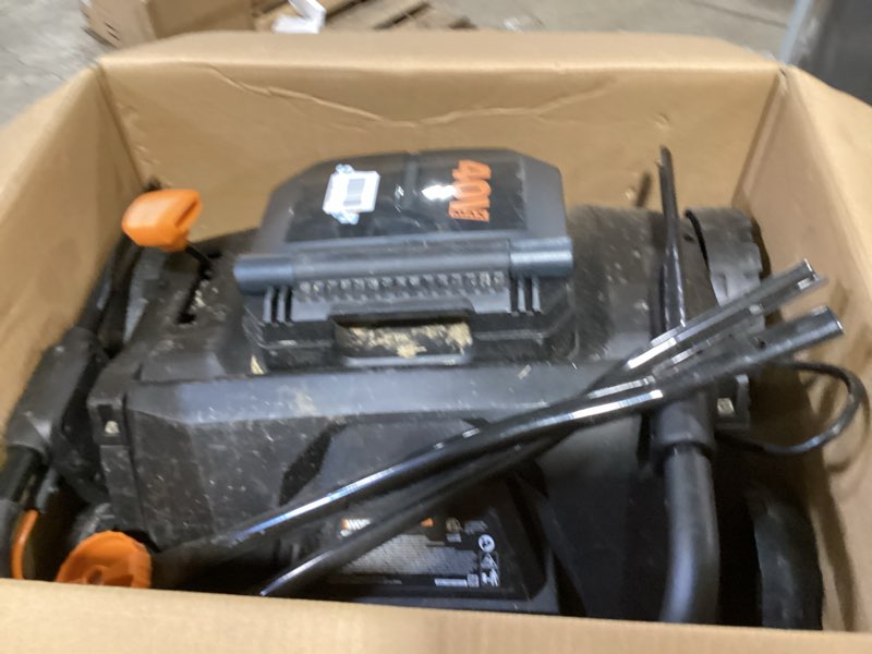 Condition photo showing As Is for worx 40v cordless lawn dethatcher, 2 in 1 dethatcher & scarifier with brushless motor, electric dethatcher removes deep thatch & improves grass health, 2 × 4.0 ah batteries & charger included, wg855