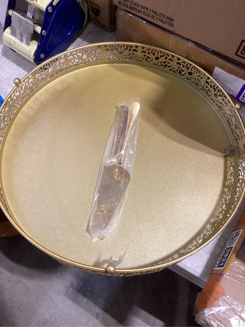 Condition photo showing Good Condition for gold wedding cake stand 14 inch, metal round dessert display cupcake stands for celebration, birthday, party, decor (with cake knife and server set)