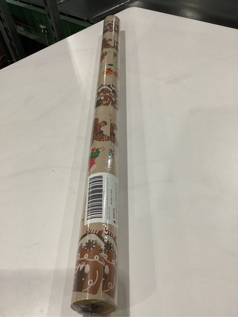 Condition photo showing New/Like New for RayofSun Kraft Christmas Wrapping Paper Jumbo Roll 30 in x 32 ft, Gingerbread Man Cookies Candy Cane Gift Wrapping Paper Rolls,Vintage Kraft Gift Wrap Paper for Boys Girls Celebrating Xmas