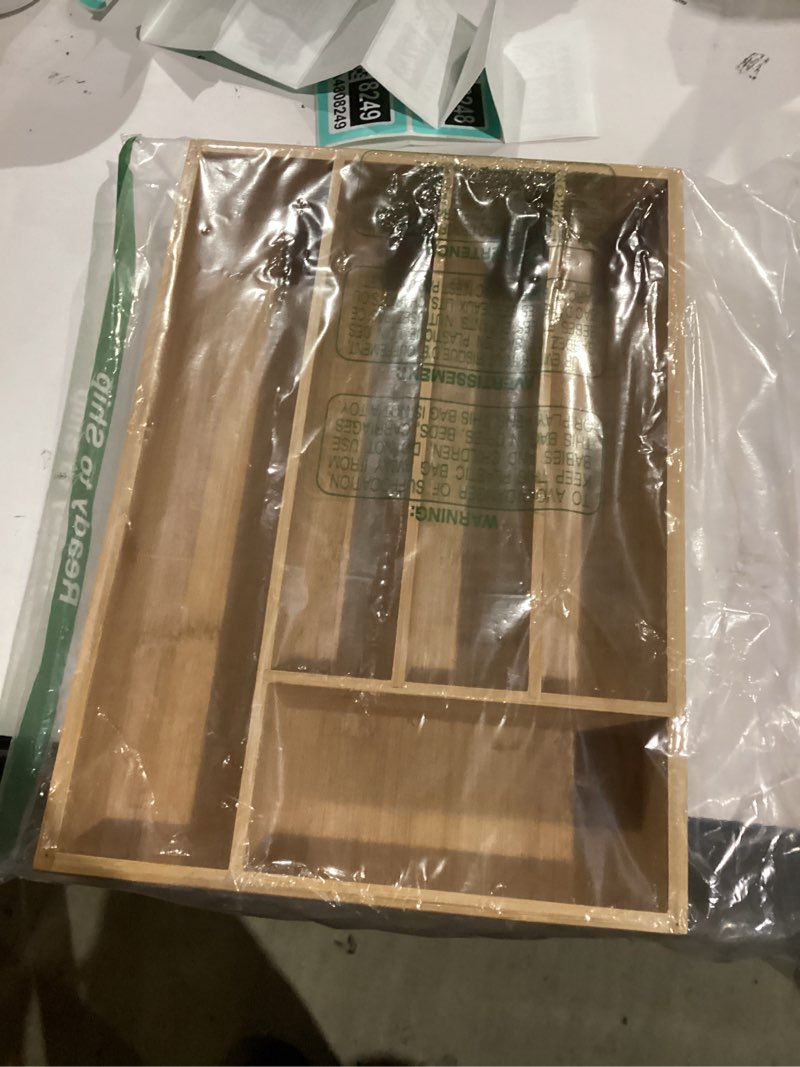 Condition photo showing New/Like New for Expandable Bamboo Kitchen Drawer Organizer for Cutlery and Utensils, Adjustable Bamboo Wood Cutlery Tray in Drawer for Flatware and Silverware in Kitchen, (Natural) 7 Slots Expandable Natural