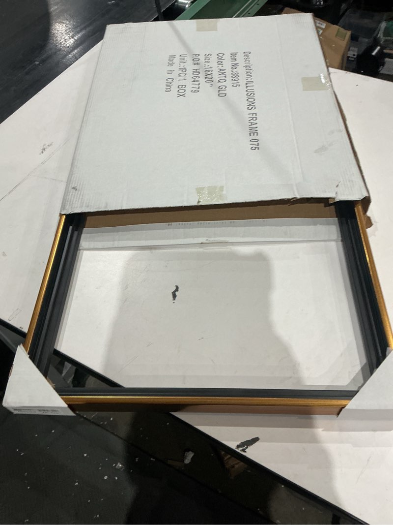 Condition photo showing As Is for creative mark illusions floater frame for 3/4" deep canvases - 16x20" antique gold - for galleries & home decor - wood float frame for canvas paintings- complete hanging hardware