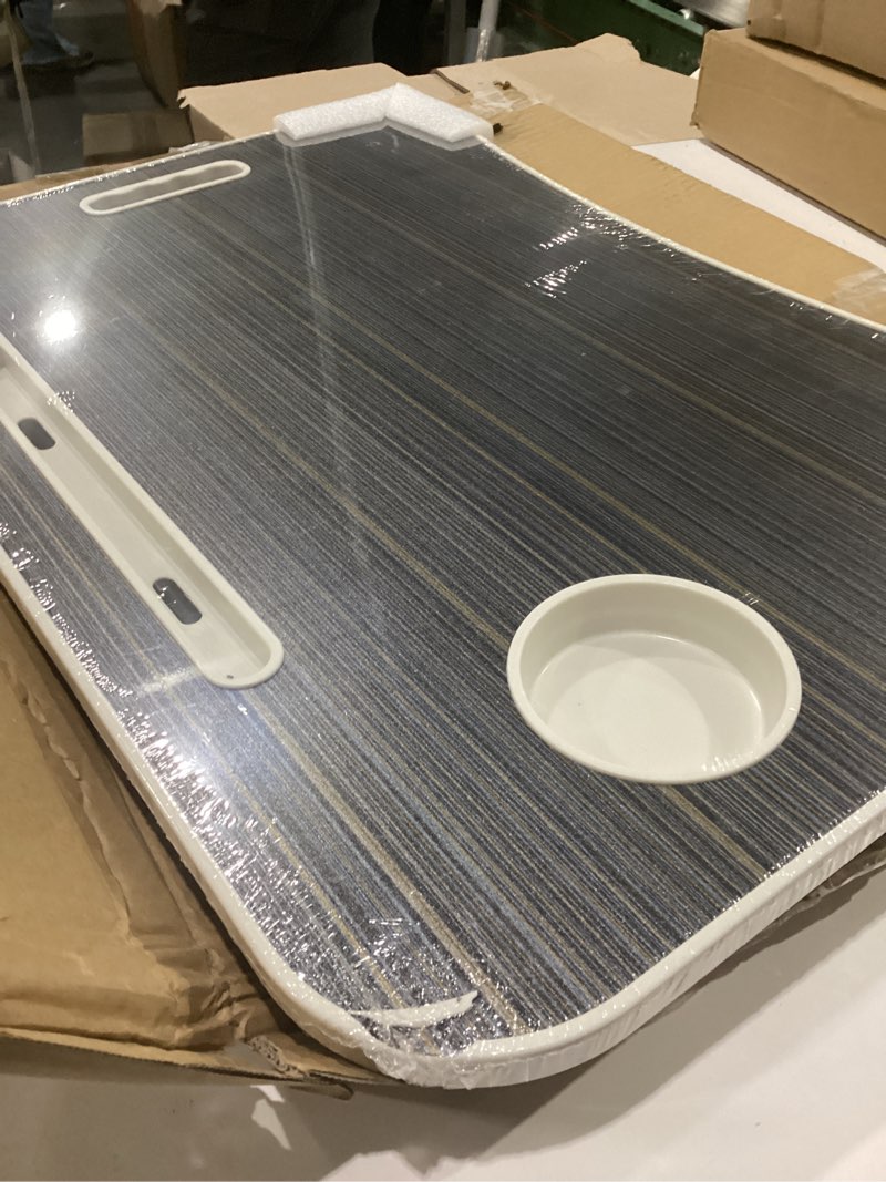 Condition photo showing Good Condition for fisyod foldable laptop table, portable lap desk bed table tray, laptop stand with cup holder & tablet slot & lifting handle for working writing drawing & eating (black grain)