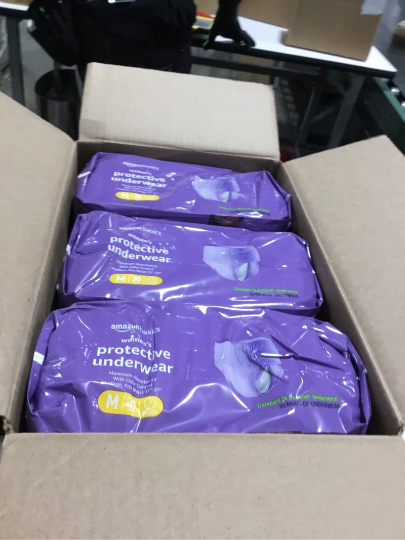 Condition photo showing New/Like New for Amazon Basics Incontinence Underwear for Women, Protective, Disposable, Postpartum, Maximum Absorbency, Medium, Lavender, 60 Count (3 Packs of 20) Medium 60.0