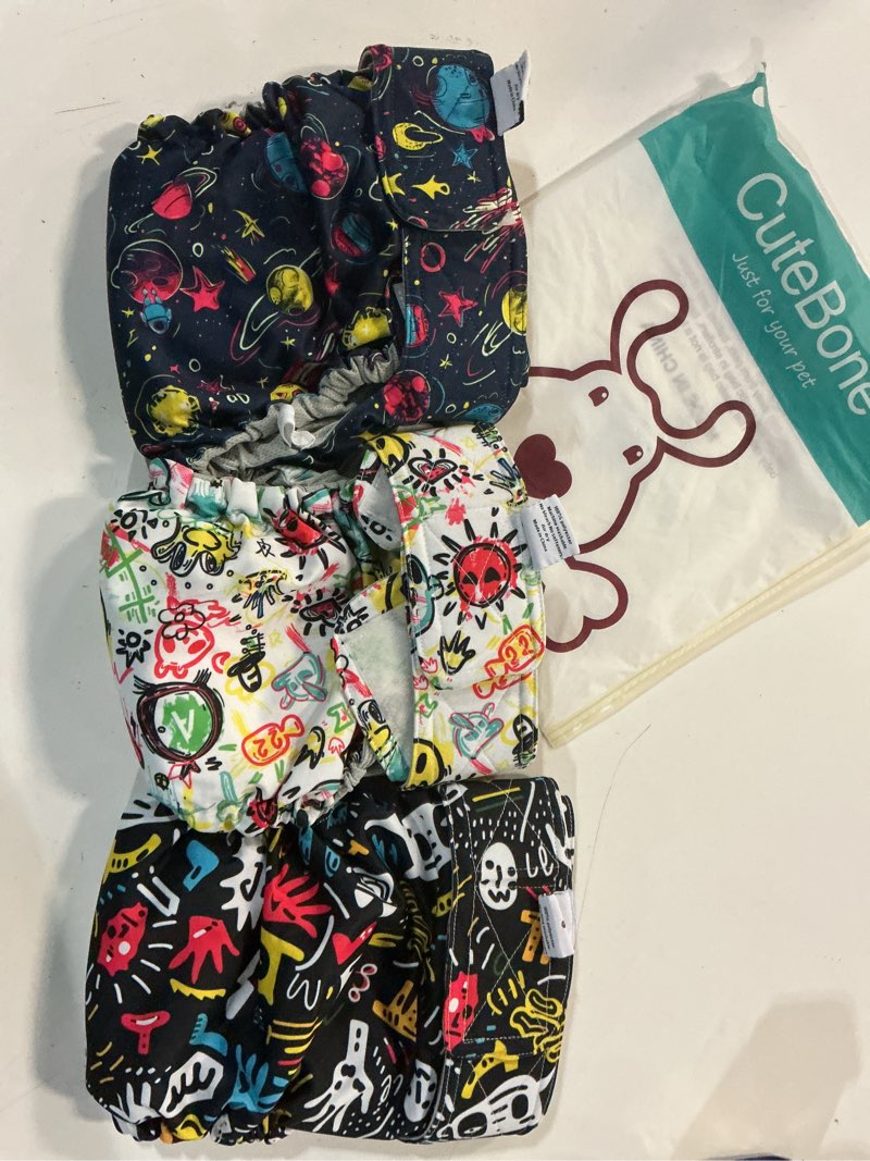 Condition photo showing New/Like New for cutebone washable dog diapers female no tail hole 3 pack reusable doggie period training pants for docked-tail frenchie french bulldog boston terrier without tail wwd26l for docked-tail, 1#graffiti series l