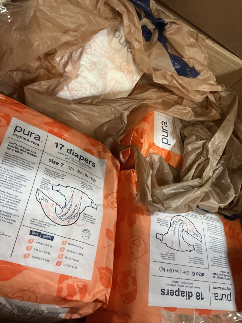 Condition photo showing As Is for Pura Size 7 Eco-Friendly Diapers (33+lbs) Hypoallergenic, TCF, Soft Organic Cotton, Sustainable, up to 12 Hours Leak Protection, Allergy UK, Recyclable Paper Packaging, 6 Packs of 17 (102 Diapers) Size 7 102