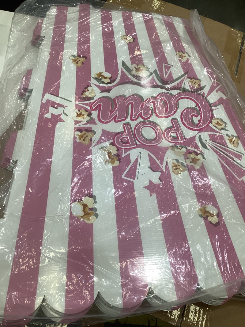 Condition photo showing As Is for sosation giant popcorn box cardboard stand up with balloons movie 3d popcorn box cardboard stand up and yellow white balloons decorations for movie themed party (2 pack,pink) 2 pink