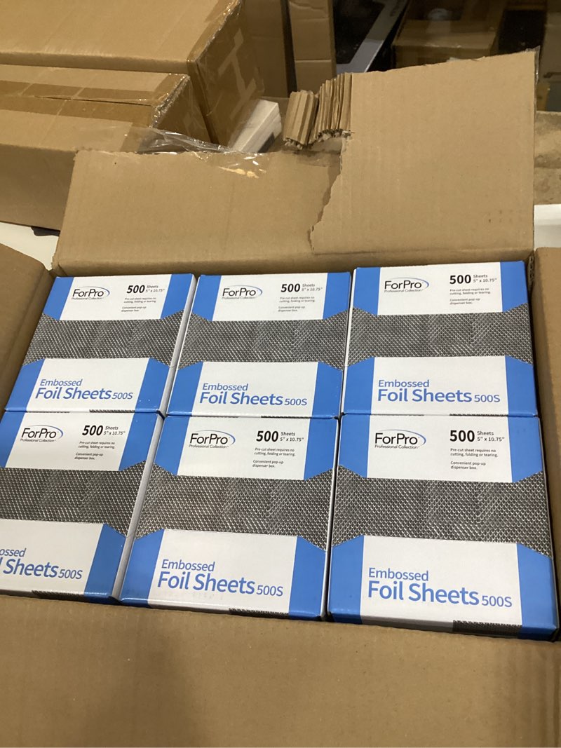 Condition photo showing New/Like New for forpro professional collection embossed foil sheets 500s, aluminum foil, pop-up dispenser, for hair color application and highlighting services, food safe, 5” w x 10.75” l, 500-count (pack of 12) 500 count (pack of 12)