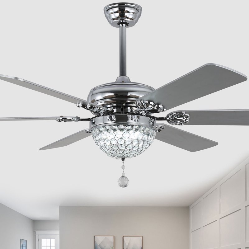 BellaDepot 65" 6 Wooden Blades Black/Silver Finish Luxury Crystal Reversible Ceiling Fan with Remote and LED Light Kit Included, Large Size Dimmable Ceiling Fan