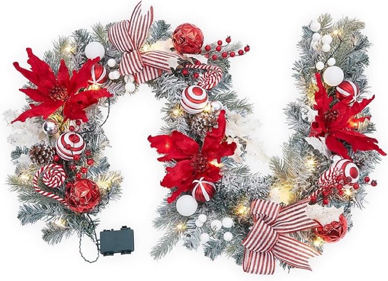 FairyLee 6ft Battery Operated Christmas Garland with 20 LED Lights & Timer, Pre-Lit Artificial Garland for Mantle, Staircase, Table, Indoor Outdoor Xmas Holiday Decor,Red Flower