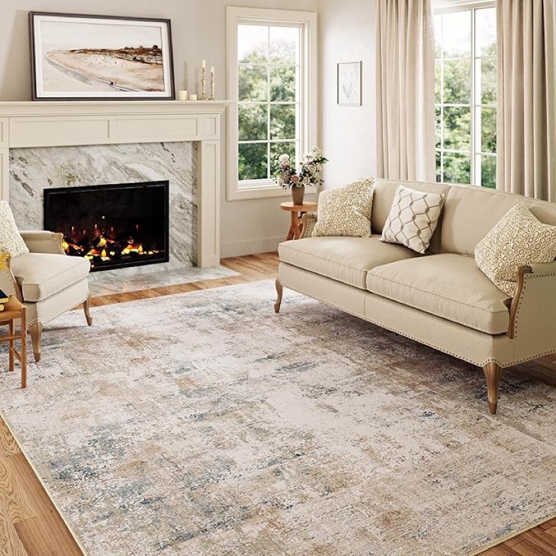 WondRg 5x7 Washable Area Rug Beige Grey Abstract Living Room  Throw Rug Neutral Modern Non Slip Soft Low Pile Indoor (similar)